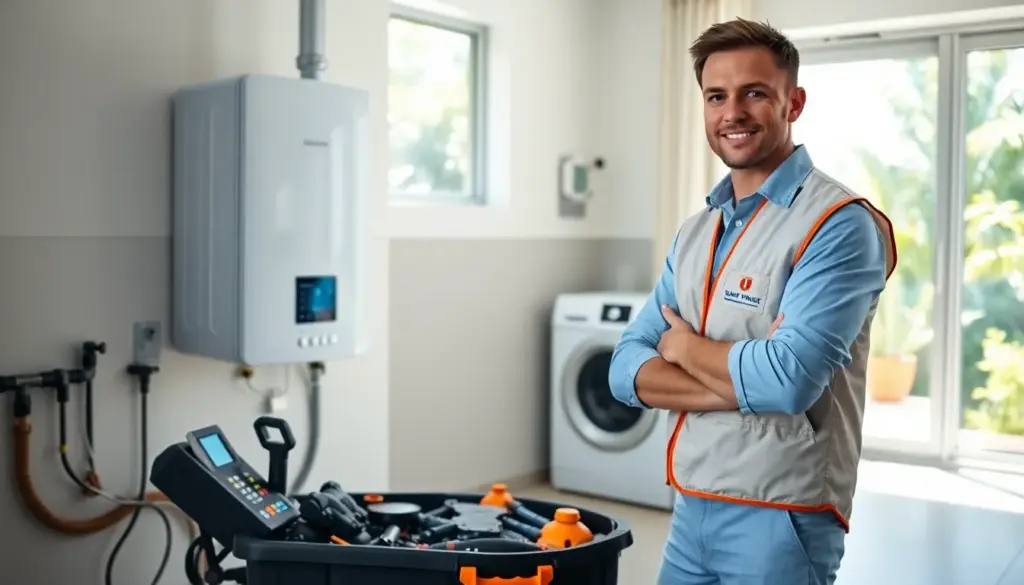 emergency plumber repairing a hot water system in a modern brisbane home