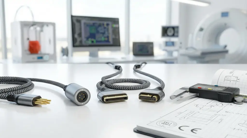 assorted magnetic cable connectors displayed in a modern professional workspace